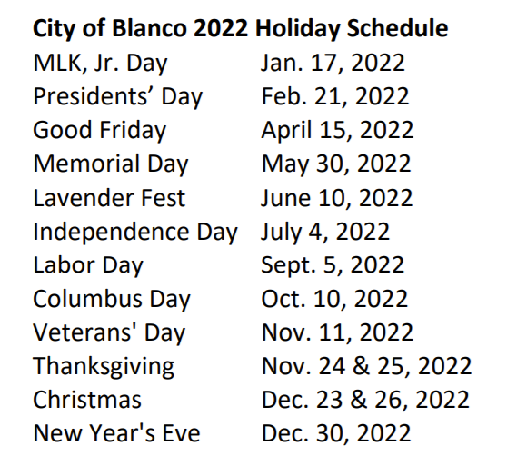 City Hall Holiday Schedule 2022